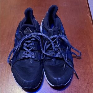 Adidas Black Athletic Shoes with White and Blue Accents